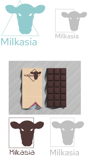 Schokoladenverpackung Milkasi, Kuhkopf als Logo, verschiedene Entwürfe